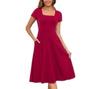 Annebouti Womens Spring Summer 2025 A-Line Square Neck Short Sleeve Semi-Formal Casual Work Midi Dress with Pockets, Wine Red, M