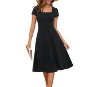 Annebouti Womens Spring Summer 2025 A-Line Square Neck Short Sleeve Semi-Formal Casual Work Midi Dress with Pockets, Black, L