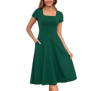 Annebouti Womens Spring Summer 2025 A-Line Square Neck Short Sleeve Semi-Formal Casual Work Midi Dress with Pockets, Dark Green, S
