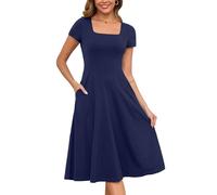 Annebouti Womens Spring Summer 2025 A-Line Square Neck Short Sleeve Semi-Formal Casual Work Midi Dress with Pockets, Navy, S