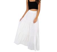 Annebouti Womens Spring Summer Boho Elastic Long Skirts High Waist Pleated A Line Tiered White or Black Maxi Skirt, White, L