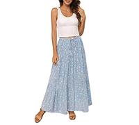 Annebouti Womens Spring Summer Boho Elastic Long Skirts High Waist Pleated A Line Tiered White or Black Maxi Skirt, Blue Floral-1, XL