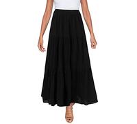 Annebouti Womens Summer Spring Boho Elastic Long Skirts High Waist Pleated A Line Tiered White or Black Maxi Skirt, Black, M