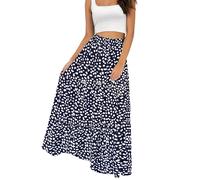 Annebouti Womens Summer Spring Boho Elastic Long Skirts High Waist Pleated A Line Tiered White or Black Maxi Skirt, Navy, M