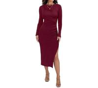 Annebouti Women's Winter Spring Long Sleeve Wedding Guest Dress Ruched Side Slit Bodycon Cocktail Party Midi Dress, Burgundy Red, M
