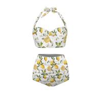 Annejudy Women Two Piece Bikini Set Swimsuit Halter Ruched High Waist Bikini with Bottom, Lemon Floral Print, XL