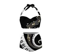 Annejudy Women Two Piece Bikini Set Swimsuit Halter Ruched High Waist Bikini with Bottom, Piano Music Notes, Medium
