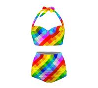 Annejudy Women Two Piece Bikini Set Swimsuit Halter Ruched High Waist Bikini with Bottom, Rainbow Stripes Pattern, Small