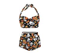 Annejudy Women Two Piece Bikini Set Swimsuit Halter Ruched High Waist Bikini with Bottom, Skeleton Floral, Large