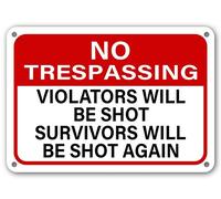 annekilly Vintage Tin Sign No Trespassing Sign Violators Will Be Shot Survivors Will Be Shot Again Metal Poster Retro Art Wall Decoration for Home Club Cabin Garage Store Bar Cafe Farm 12" X 8"