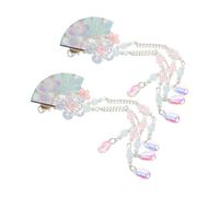 Anneome 2pcs Japanese Style Fan Hair Clip with Kimono Flower Tassel Barrettes for Women and Duckbill Hairpins for Hanfu Cosplay Weddings Vintage Floral Design Blue