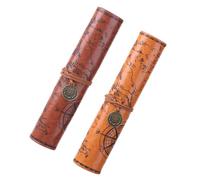 Anneome 2Pcs Vintage Roll Up Leather Pencil Case Set, Retro Large Capacity PU Leather Pen Pouch Treasure Map Sketch Design, Portable Art and Makeup Brush Holder for School and Travel