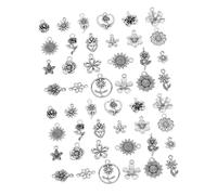 Anneome 48pcs Tibetan Style Silver Flower Charms for DIY Jewelry Making Vintage Alloy Sunflower and Rose Pendants for Bracelets Necklaces Earrings Cultural Craft Accessories