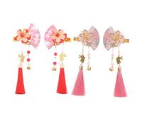 Anneome 4PCS Vintage Chinese Floral Tassel Side Clips with Beaded Fan Design and Bell Accents Lightweight Oriental Hair Barrettes for Weddings Kimono Traditional Costume