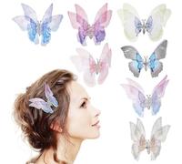 Anneome 7Pcs Butterfly Hair Clips Lightweight Alloy Body Fabric Wings Glitter Hairpins for Women Teens Stylish Hair Styling Accessories