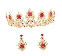 Anneome Elegant Red Crystal Bride Crown and Earring Wedding Jewelry Accessory Kit Stylish Retro Chic Hair Ornament for Women Birthday Gift