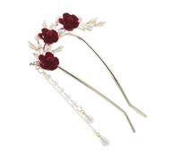 Anneome Elegant U Shaped Hair Stick with Fake Pearl Rose Tassels Romantic Bridal Hairpin for Women Delicate U Shaped Bun Holder Hair Clip Decorative Asian Accessories for Weddings and