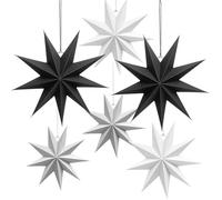 ANNERSAT 6pcs 9 Pointed Paper Stars - 40cm DIY 3D Black Hanging, 30cm White Charm Shape Lampshade & 25cm Grey Folded Lantern for Christmas New Years Eve Winter Evening Decor