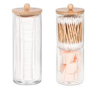 Annhua 3 Pcs Cotton Pad Holder, Cotton Bud Holder Set with Bamboo Lids, Rond Acrylic Bathroom Storage Jars for Cotton Ball| Cotton Swab| Hair Ties| Floss, Transparent