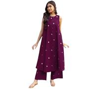 ANNI DESIGNER Brown Hand Printed Cotton Kurta Set for Women | A-line Kurta with Palazzo | Matching Set | Ethnic and Elegant Two Piece Dress | Casual and Office Set, Wine, 3XL