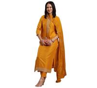 ANNI DESIGNER Ladies Viscose Blend Straight Embroidered Kurta with Trousers and Dupatta, yellow, L