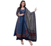 ANNI DESIGNER Women's Anarkali Kurta Set with Dupatta | Pure Cotton Suit Set for Women | Ajrakh Print Kurta Palazzo Dupatta Set | 3 Piece Ethnic Wear for Festival & Party, Blue, XXL