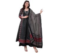 ANNI DESIGNER Women's Anarkali Kurta Set with Dupatta | Pure Cotton Suit Set for Women | Ajrakh Print Kurta Palazzo Dupatta Set | 3 Piece Ethnic Wear for Festival & Party, Black, XXL
