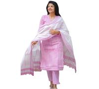 ANNI DESIGNER Women's Cotton Kurta Pant Dupatta Set | Light Pink Ikkat Print Suit Set for Women | Kurta Sets for Woman | Pure Cotton Kurti Set | 3-Piece Festival Ethnic Dress, Pink, XXL