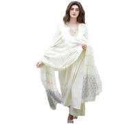 ANNI DESIGNER Women's Viscose Blend Printed Kurta, Straight, with Pants and Dupatta, White, L