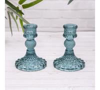 Annibells 2 Blue Vintage Harlequin Glass Dinner Candlestick Holders