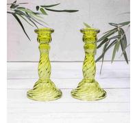Annibells 2 Vintage Lime Green Twisted Glass Candlesticks (13331)