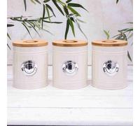 Annibells Cream Metal Ribbed Tea Coffee Sugar Jars Wooden Lid (12754)