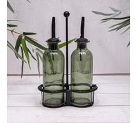 Annibells Green Glass Olive Oil & Vinegar Bottle Dispenser Cruet Set on Vintage Black Iron Stand