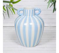 Annibells Green Yellow Blue & White Striped Ceramic Glazed Handled Urn Vase (26099) - Blue