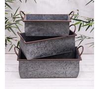 Annibells Large Galvanised Metal Rectangular Trough Planters with Rustic Edges & Handles (Set of 3 Sizes)