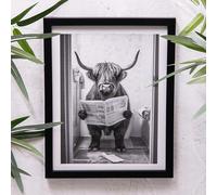 Annibells Lion, Gorilla, Elephant, Highland Cow on Toilet Black Framed Canvas Picture Modern Wall Art Print (Highland Cow)
