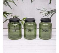 Annibells Set 3 Vintage Green Glass Tea Coffee Sugar Storage Jars with Black Screw Lid