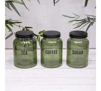 Annibells Vintage Green Glass Tea Coffee Sugar Storage Jars Black Screw Lid (16533 )