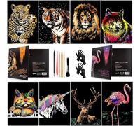 Annickee 8PCS Scratch Art Paper A4, Animals Rainbow Painting Sketch, Animals Art Paper Rainbow Painting, Colorful and Realistic, Scratch Art for Adults, with Drawing Pens, Cleaning Brus and Glove