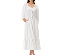 Anniente Women's Boho Maxi Dress 2025 Spring Long Puff Sleeve Square Neck A-Line Long Dress with Pockets Wedding Guest Dress, White, S