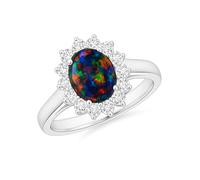Anniversary Birthday Jewellery Ring for Women Black Opal and Cubic Zirconia October Birthstone Oval Halo 925 Sterling Silver Cocktail Bridal Statement UK Size T½