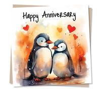 Anniversary Card for Couple, Husband, Wife, Partner - Penguin, Love, Hearts