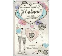 Anniversary Card for Husband, Large 30 x 19 cm, with 8 Page Insert, Diamante Love Hearts, Luxury Keepsake Greeting Card