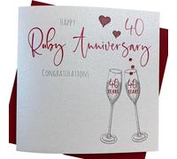 WHITE COTTON CARDS 40th Ruby Anniversary Congratulations Handmade Card Champagne Flutes, DS40,16cm x 16cm