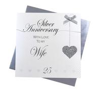 Anniversary Card | For Wife | 25th Silver Milestone | White Cotton Cards | Love Lines Design | Handmade Greeting Card | Envelope Included | Blank Inside | Luxury Keepsake