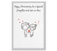 Anniversary Cards for Daughter and Son in Law - Happy Wishes Congratulations - Blank Inside to Write own Message - Special Marriage Keepsake Greeting - Cartoon Couple in Love
