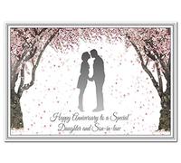 Anniversary Cards for Daughter and Son in Law - Happy Wishes Congratulations - Blank Inside to Write own Message - Special Marriage Keepsake Greeting - Quality Card - Cherry Blossom Silhouette