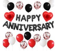 Anniversary Decorations Black Red,Happy Anniversary Foil Balloon Banner with Confetti Latex Balloons,Foil Heart Balloons for Celebrations Surprise Events Romantic Night Weddings