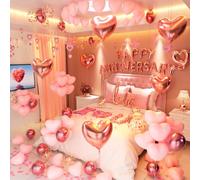 Anniversary Decorations Pink，Valentines Day Decorations,Happy Anniversary Banner Pink Heart Balloons Hanging String Rose Petals