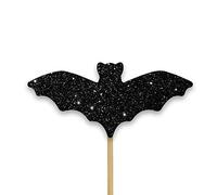 Anniversary House 12pcs Halloween Bat Cupcake Toppers - Double-Sided Black Glitter Decorations with Sturdy Bamboo Picks - Easy No-Assembly Spooky Party Cake & Cupcake Accessories